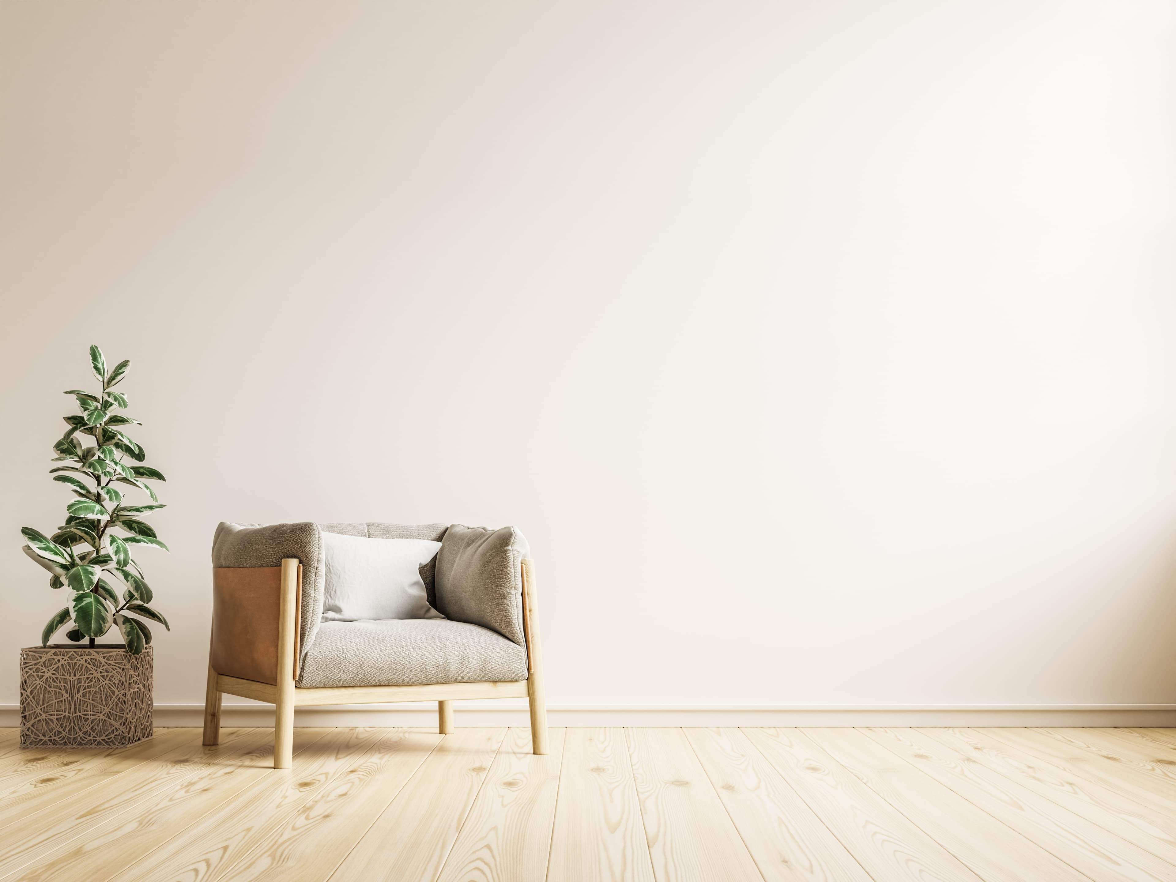 Bright living room with a crafted wooden armchair