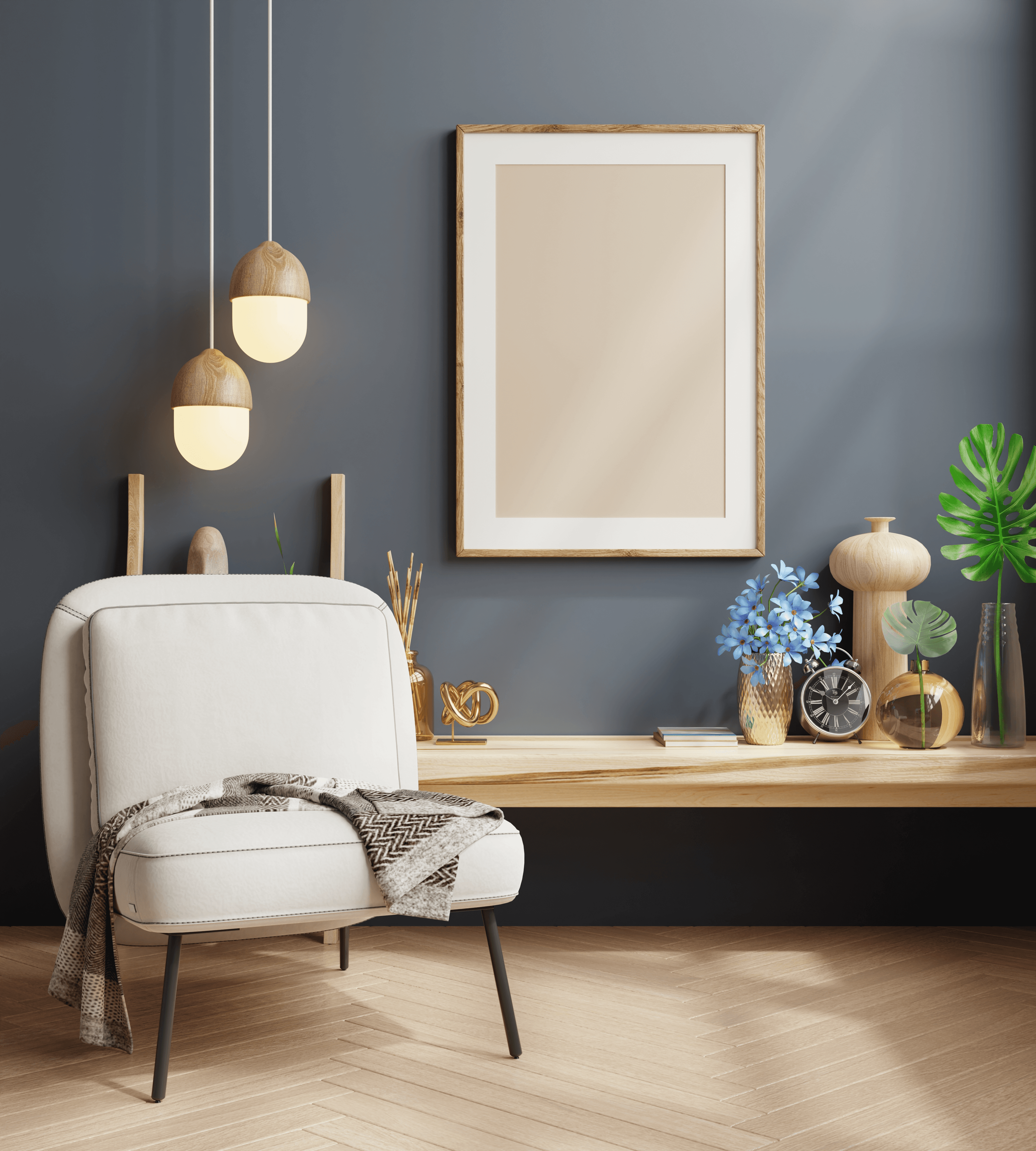 Layered interior featuring timber furniture and natural decorative objects