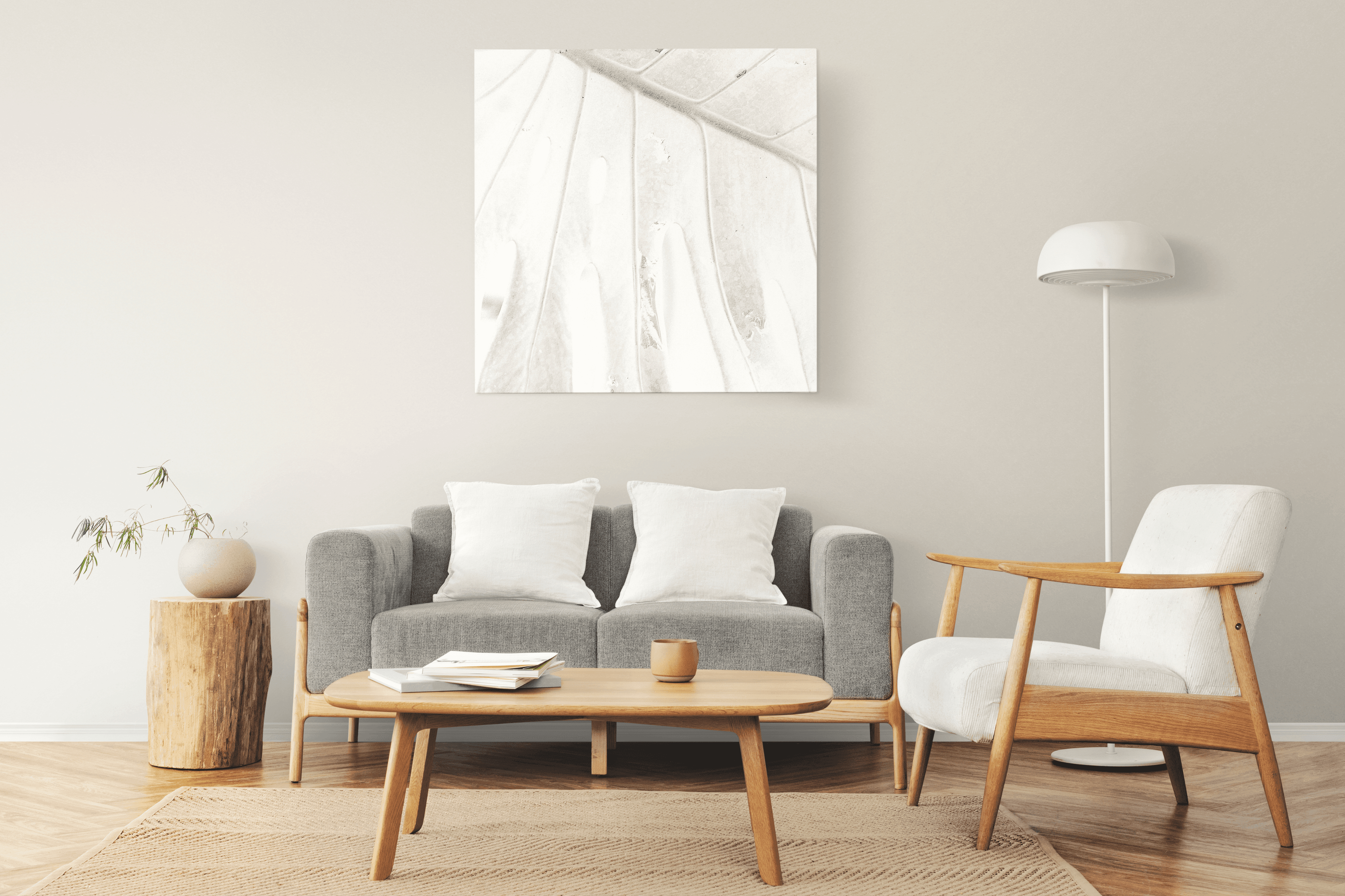 Softly lit Scandinavian living room with floor and table lamps